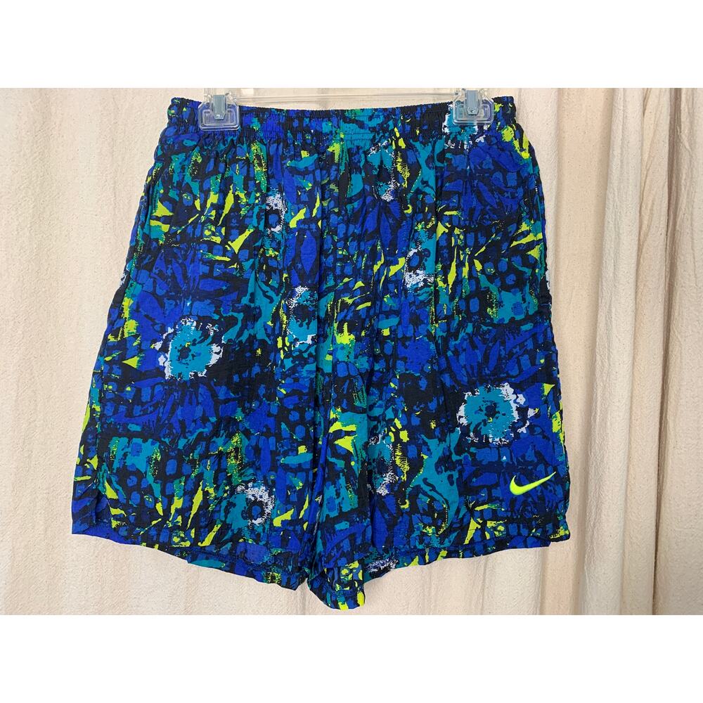 Vintage 1990s Nike Check Logo Neon Windbreaker All Over Print Baggies Short M
